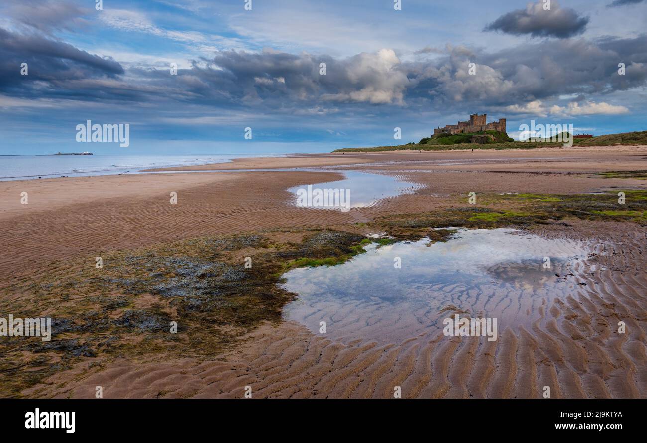 La plage, le château de Bamburgh sur la côte de Northumberland. Banque D'Images