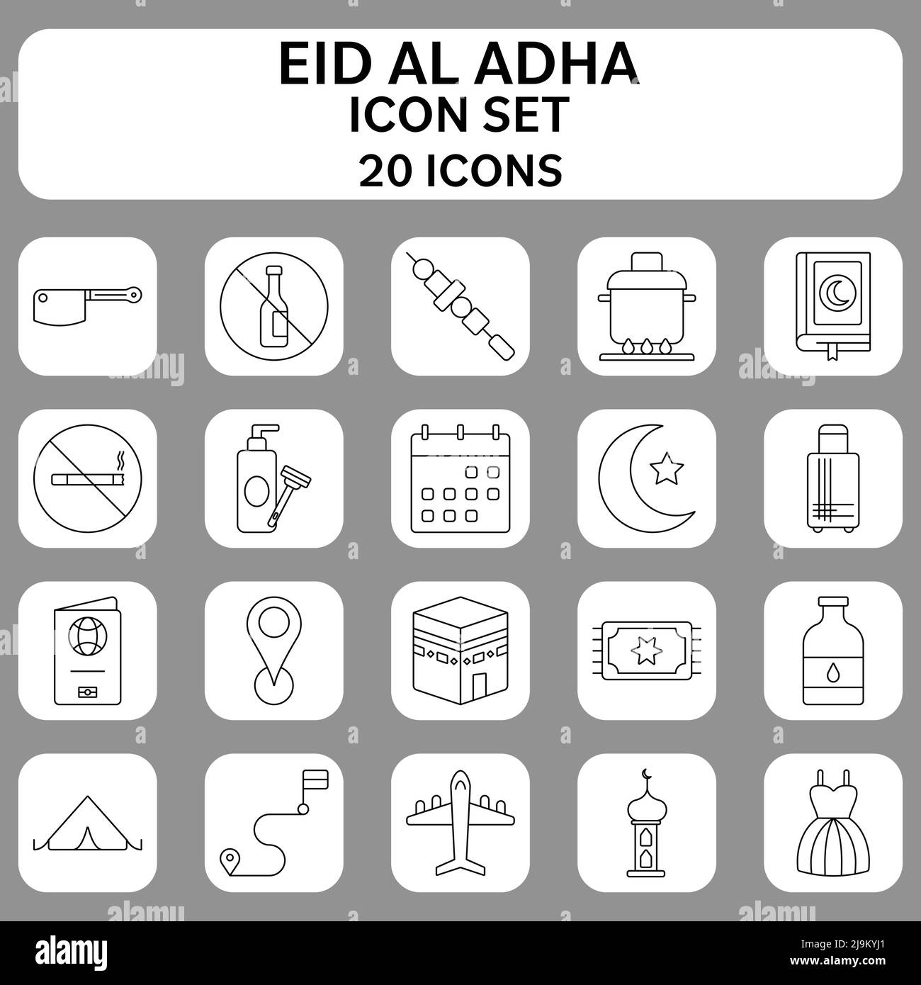 EID al Adha Celebration Icon ou Symbol Set en style linéaire noir. Illustration de Vecteur