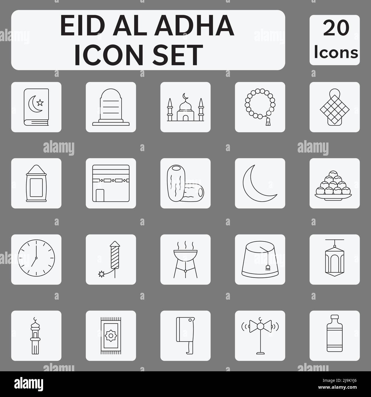 EID al Adha Celebration Icon ou Symbol Set en style linéaire noir. Illustration de Vecteur