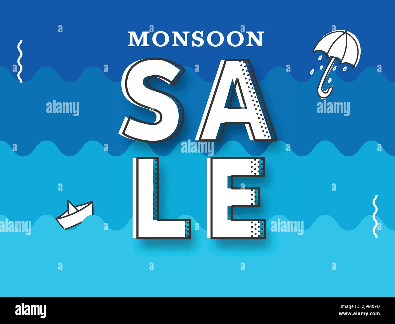 Monsoon solde Poster Design avec parasol, bateau en papier sur fond bleu vagues d'eau. Illustration de Vecteur