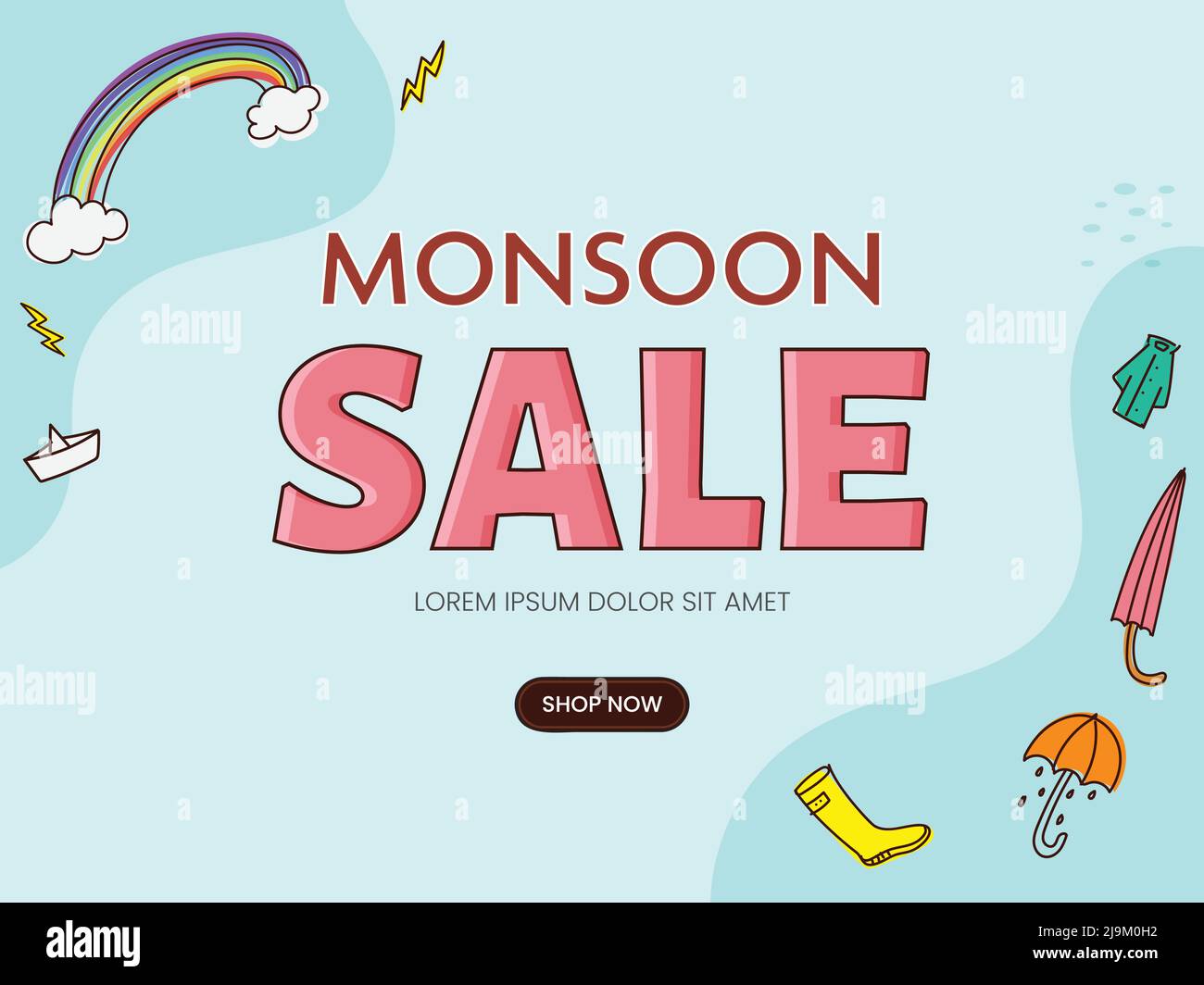 Monsoon solde Poster Design avec parasol, bottes, imperméable, arc-en-ciel,  bateau en papier, Éclair sur fond bleu Image Vectorielle Stock - Alamy