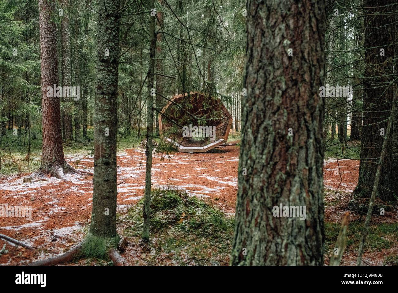 De gigantesques mégaphones en bois amplifient les sons de la forêt à Pähni, dans le comté de Võru, en Estonie. Les mégaphones forestiers sont une installation composée de trois mégaphones géants en bois où les sons de la nature peuvent être écoutés de manière amplifiée. Banque D'Images