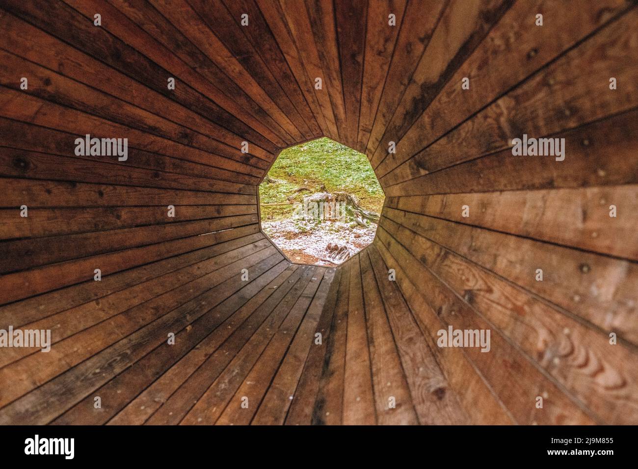 De gigantesques mégaphones en bois amplifient les sons de la forêt à Pähni, dans le comté de Võru, en Estonie. Les mégaphones forestiers sont une installation composée de trois mégaphones géants en bois où les sons de la nature peuvent être écoutés de manière amplifiée. Banque D'Images