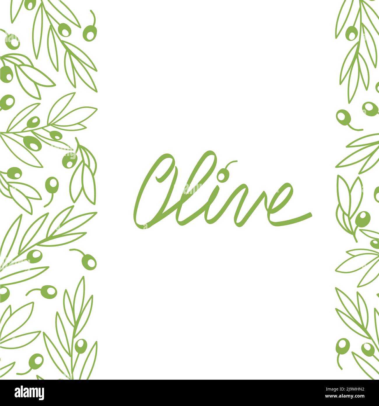 Bannière avec olive sur fond blanc. Un grand design pour la publicité du marché de l'huile d'olive, une entreprise pour les épiceries. Éléments dessinés à la main dans un fl Illustration de Vecteur