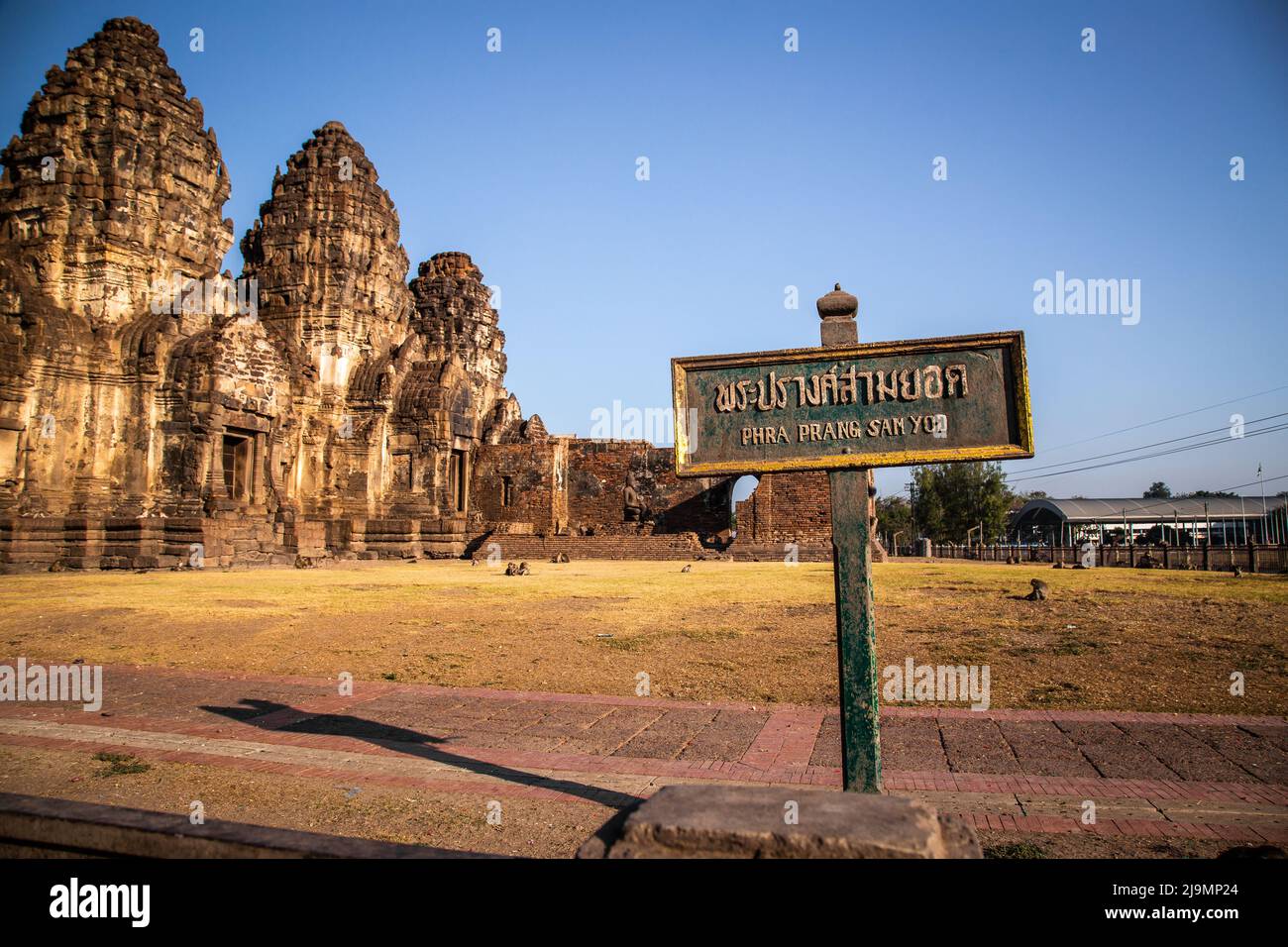 PRA Prang Sam Yod ou Phra Prang Sam Yot ruine temple avec singes, à Lophuri, Thaïlande Banque D'Images