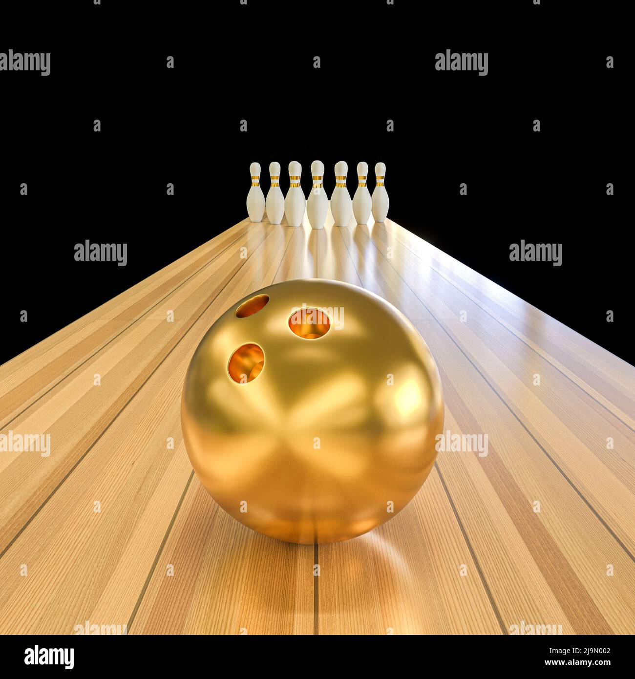 boule de bowling et quilles dorées sur la ligne. 3d rendu Banque D'Images