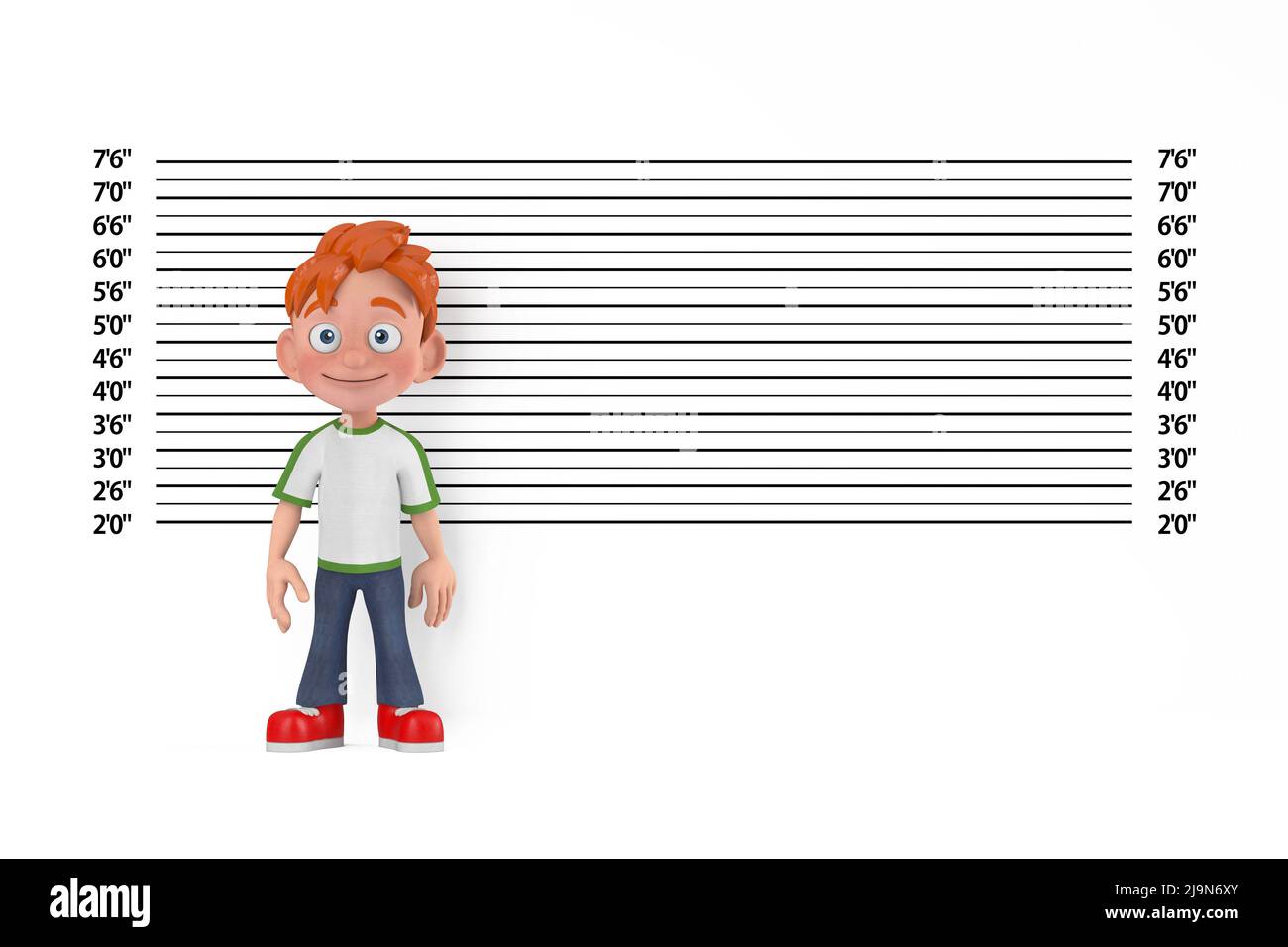 Caricature petit garçon Teen personnage Mascot devant la police ligne ou Mugshot arrière-plan très gros plan. 3D rendu Banque D'Images