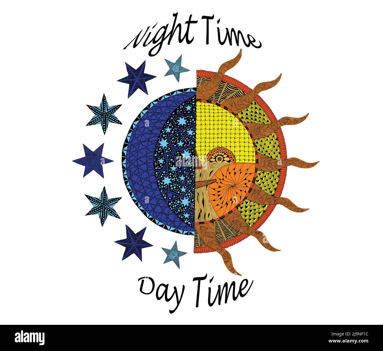 Moon and Sun Zentangle / Doodle Design avec couleurs. Banque D'Images