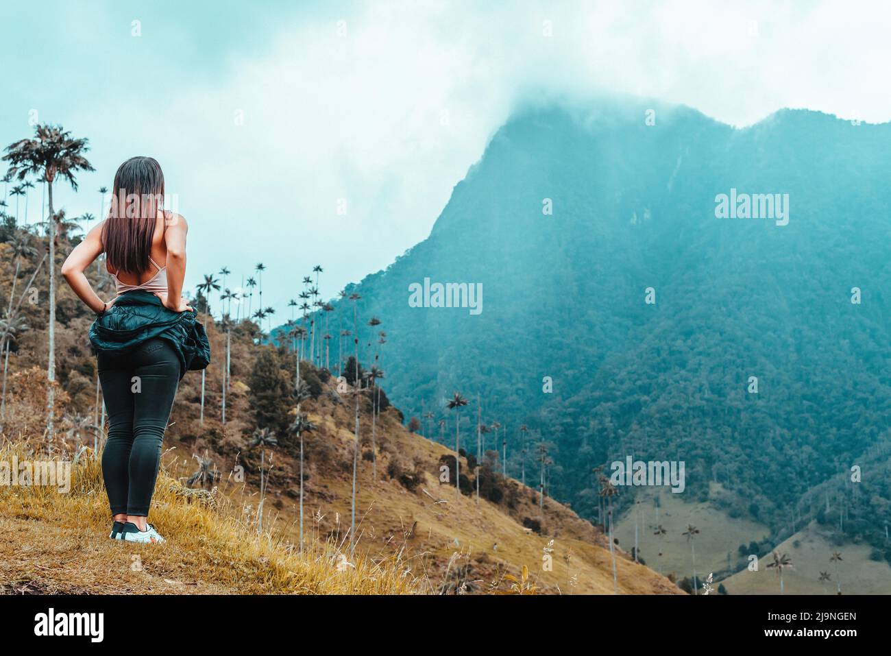 Jeune femme touristique de montagne dans la vallée de Cocora Salento Quindio Colombie Banque D'Images