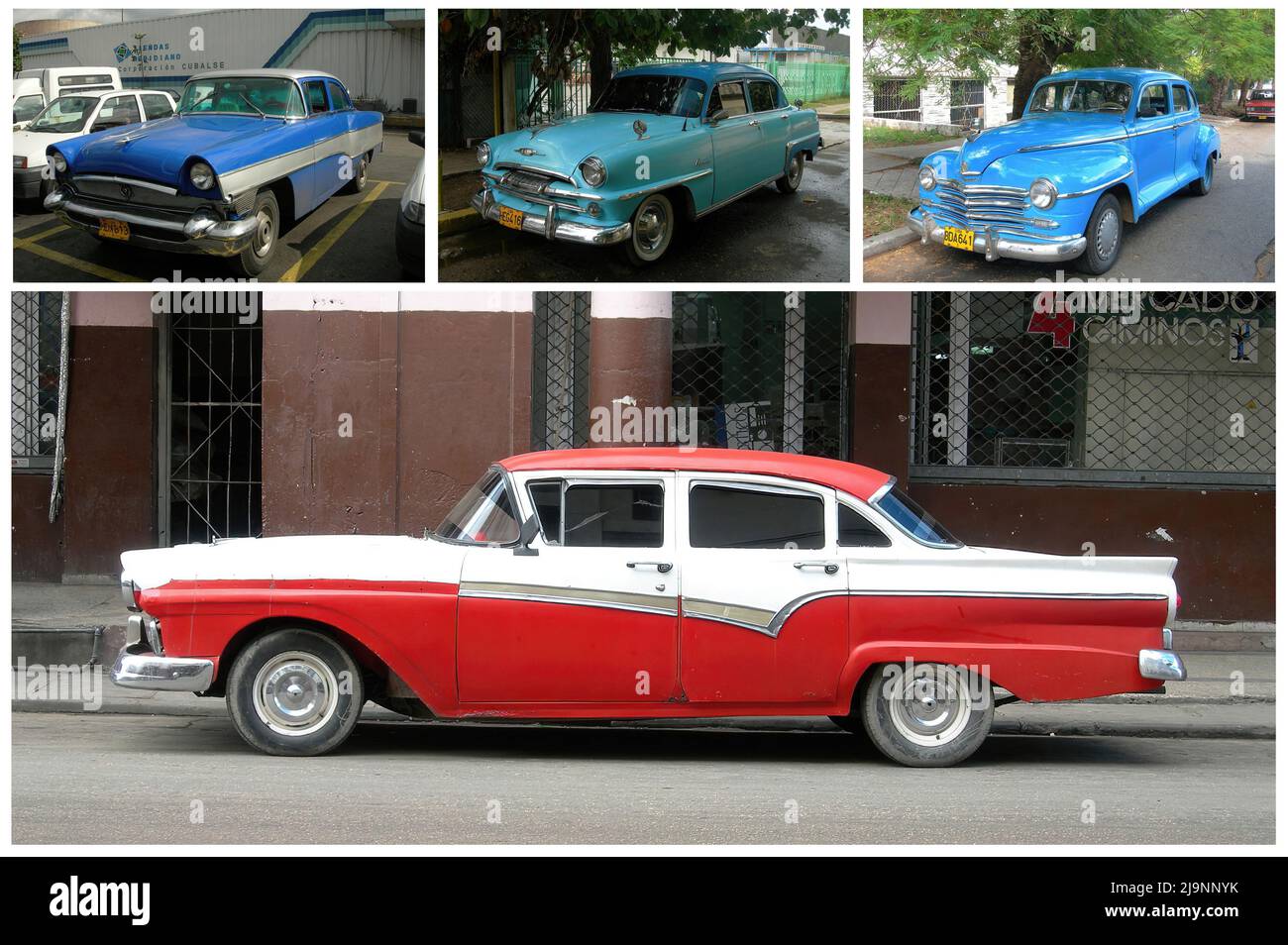 Il propose des voitures américaines classiques dans les rues de la vieille ville de la Havane Banque D'Images