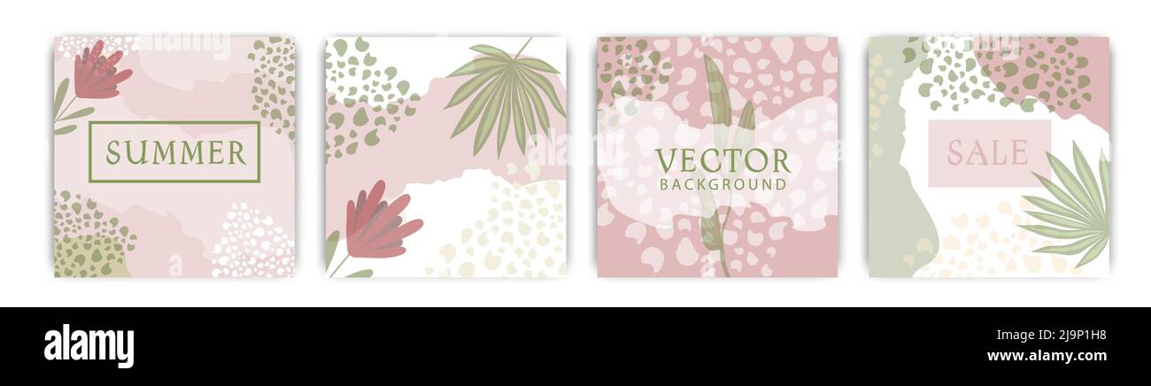 Ensemble carré abstrait vectoriel tendance avec éléments floraux et plantes. Adapté aux publications dans les réseaux sociaux et les applications mobiles. VEC Illustration de Vecteur
