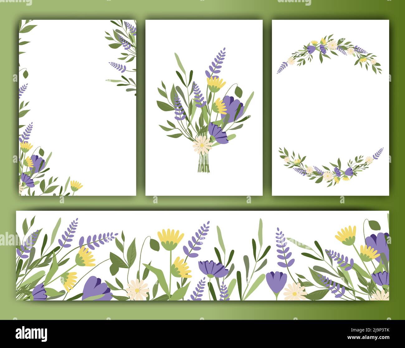 Ensemble de cadres et d'arrière-plans à motifs floraux vectoriels, style vintage tendance. Modèles vectoriels de cartes et couronnes, bordures pour le design, invitations de mariage, ba Illustration de Vecteur