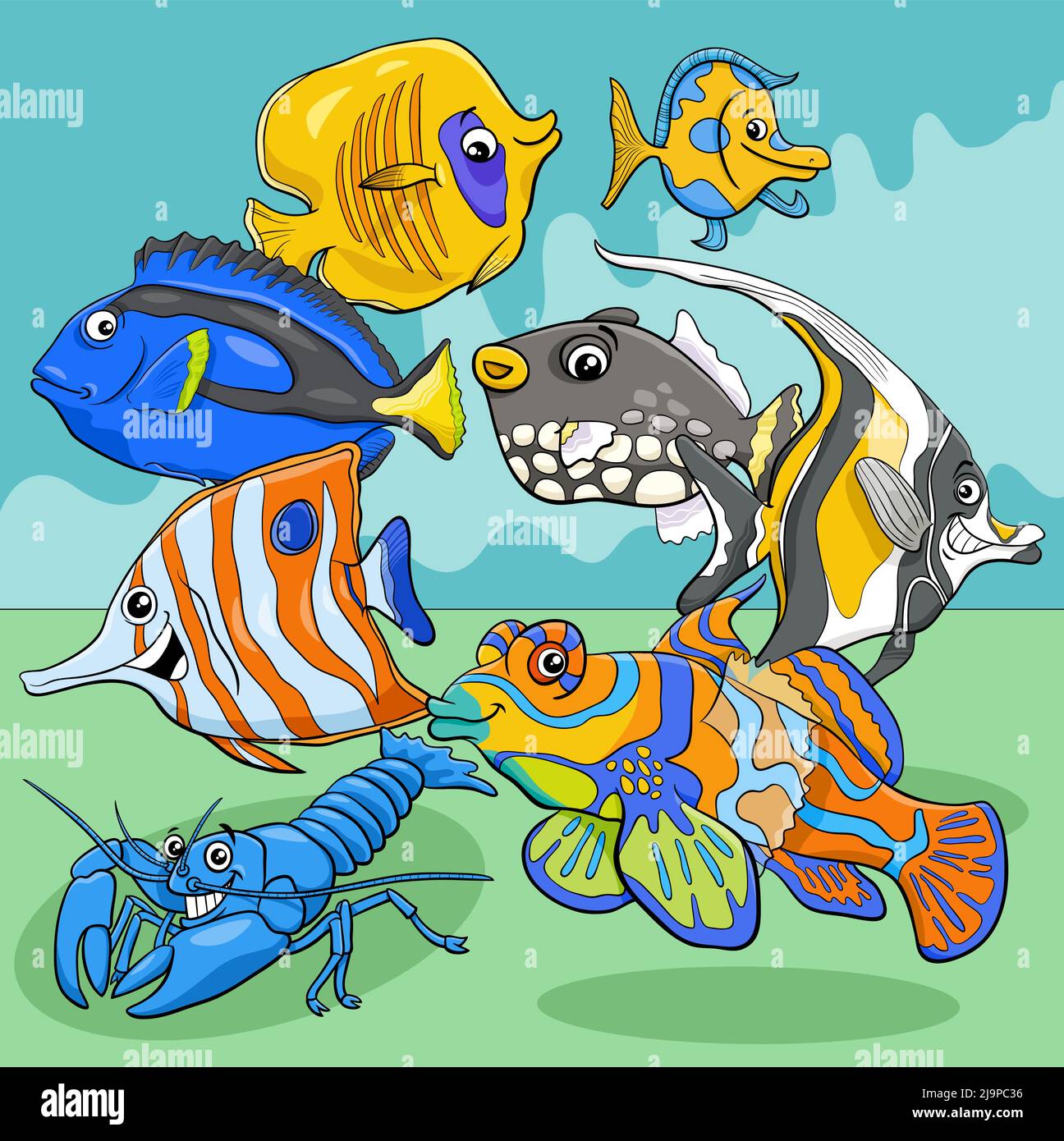 Dessins animés illustrations de poissons mer vie animal caractères groupe Illustration de Vecteur
