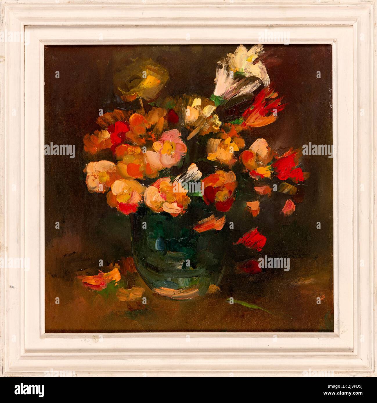 Encore la vie fait main peinture à l'huile sur toile représentant des fleurs bouquet dans un vase, style impressionniste. Banque D'Images