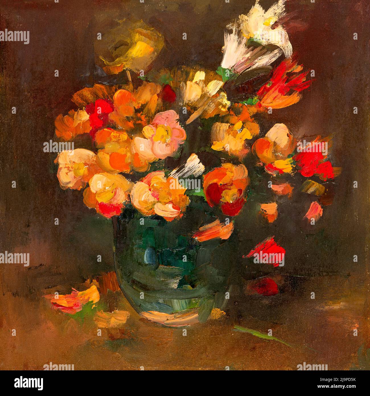 Encore la vie fait main peinture à l'huile sur toile représentant des fleurs bouquet dans un vase, style impressionniste. Banque D'Images