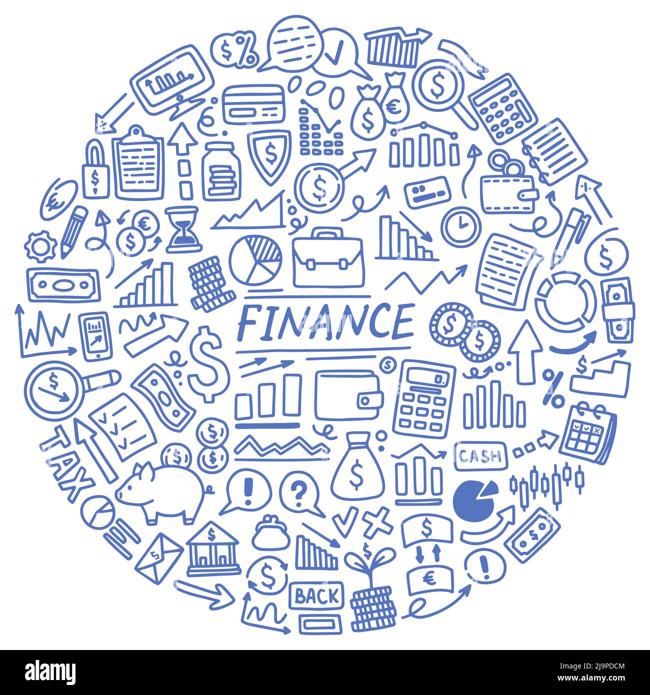 Illustration vectorielle bleue de l'ensemble de doodle Finance Illustration de Vecteur