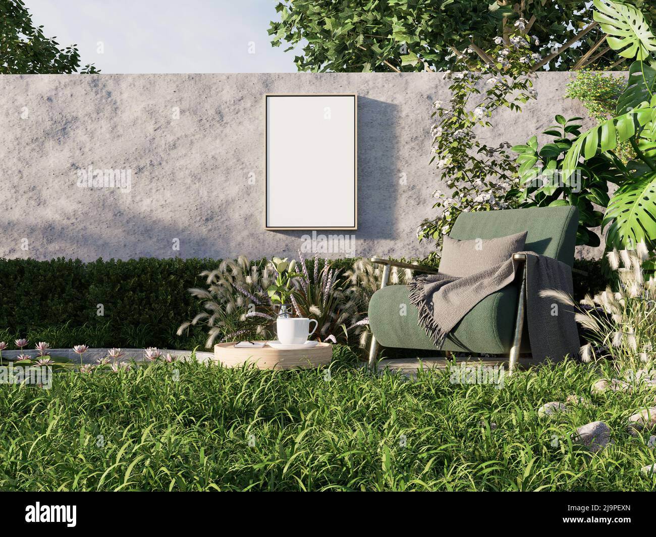 Cadre photo Mockup sur le mur avec béton pour la surface de vie extérieure.3D rendu Banque D'Images