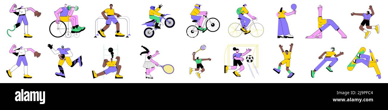 Ensemble d'illustrations vectorielles linéaires colorées de personnages isolés divers faisant de la forme physique et jouant à des jeux de sport. Sports inclusifs pour les personnes handicapées. Football américain, vie saine. Illustration de Vecteur