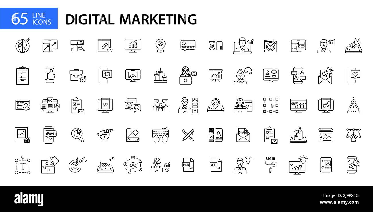 Grand ensemble de 65 icônes de marketing numérique, SEO, SMM et web design. Illustration de trait de trait de pixel parfaite et modifiable Illustration de Vecteur