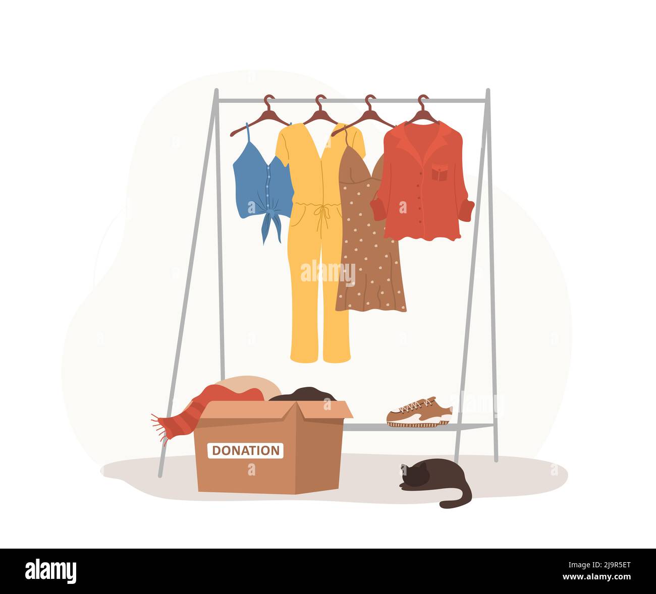 Don de vêtements. Boîte en carton dans l'armoire avec les vieux vêtements prêts à être partagés ou recyclés. Bénévolat et soins sociaux. Journée internationale de la charité Illustration de Vecteur