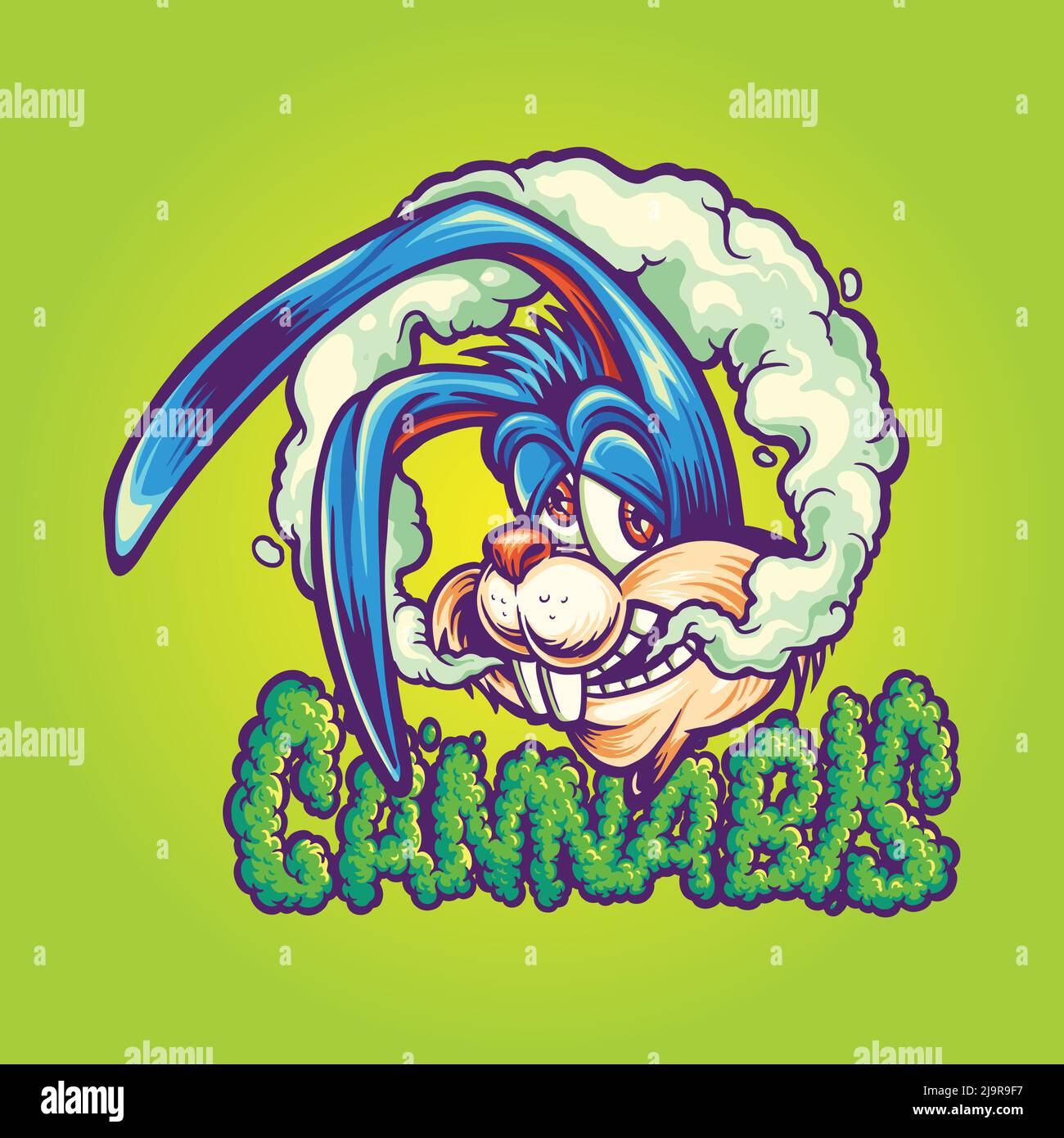 Bunny fumage de mauvaises herbes avec des lettres de cannabis illustrations vectorielles pour votre logo de travail, t-shirt de marchandise, autocollants et dessins d'étiquettes, affiche Illustration de Vecteur
