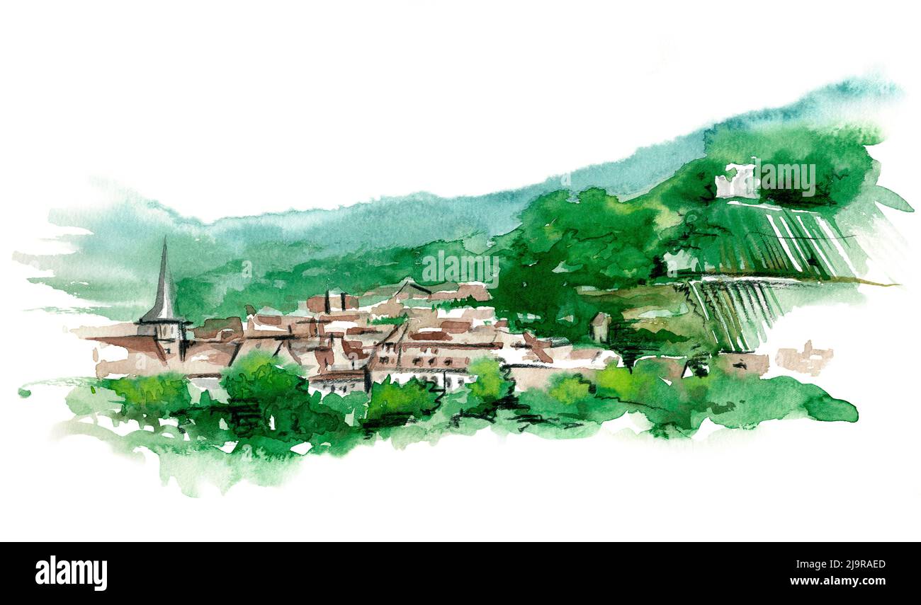Illustration aquarelle montrant un paysage vallonné avec village et végétation verte Banque D'Images