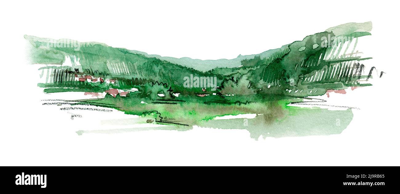 Illustration aquarelle montrant un paysage vallonné avec village et végétation verte Banque D'Images