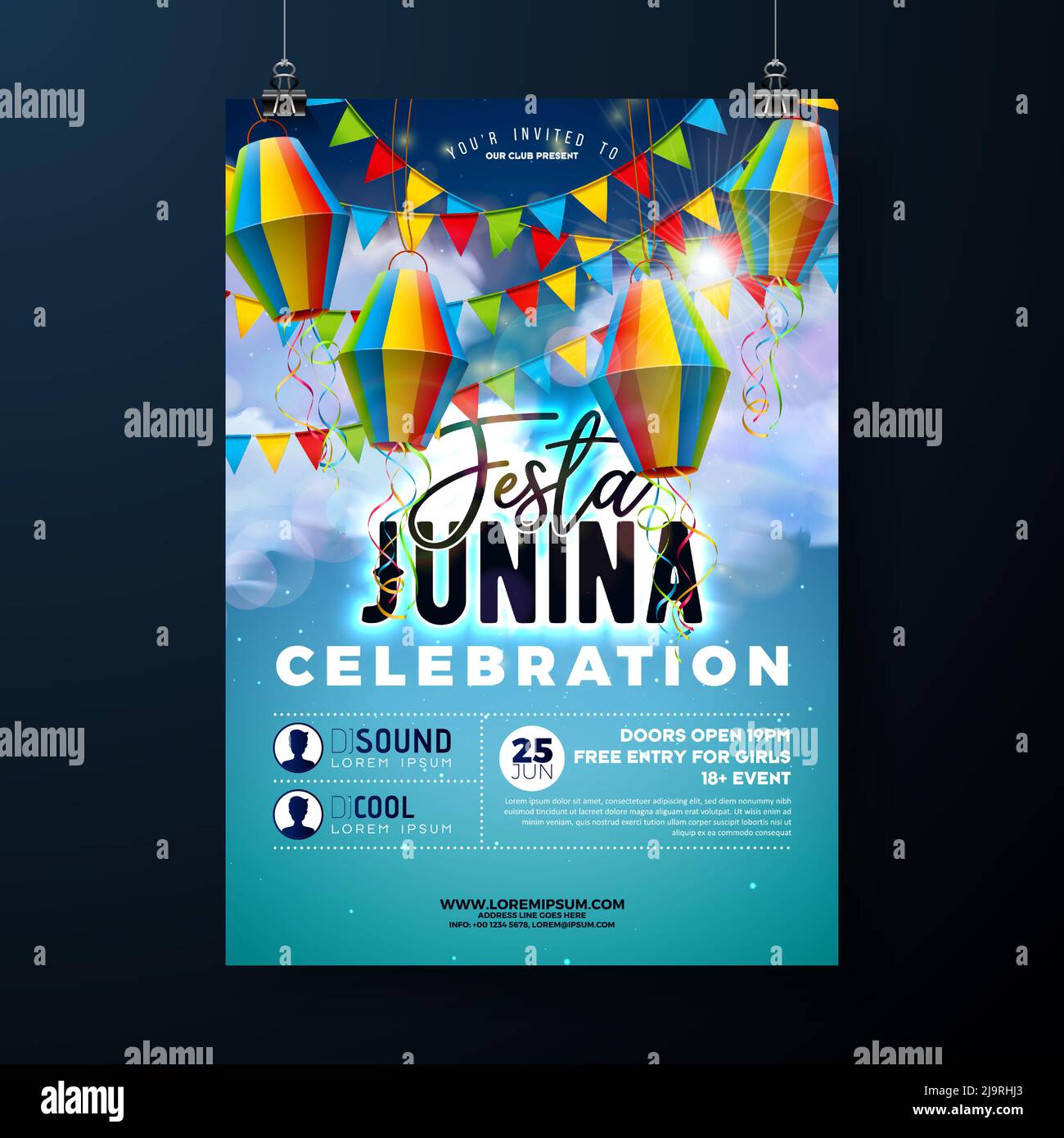 Festa Junina Party Flyer Illustration avec lanterne en papier et drapeau sur fond bleu ciel nuageux. Vector Brésil juin Festival de Sao Joao Design pour Illustration de Vecteur