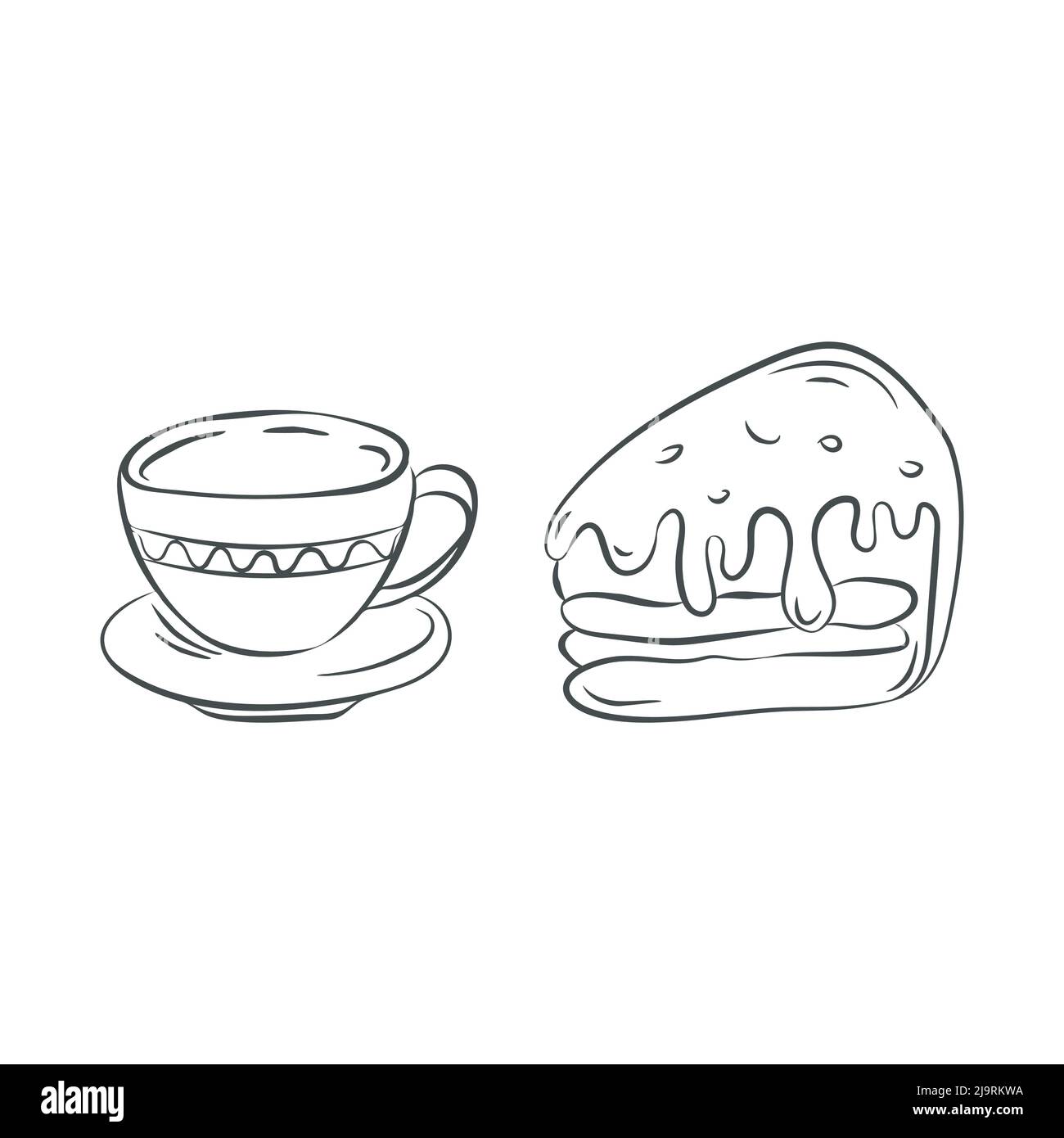 Ensemble tasse à café et icônes de gâteau. Style d'esquisse, dessin à la main, trait de pinceau noir, illustration de ligne épaisse. Contour des éléments isolés, fond blanc Illustration de Vecteur