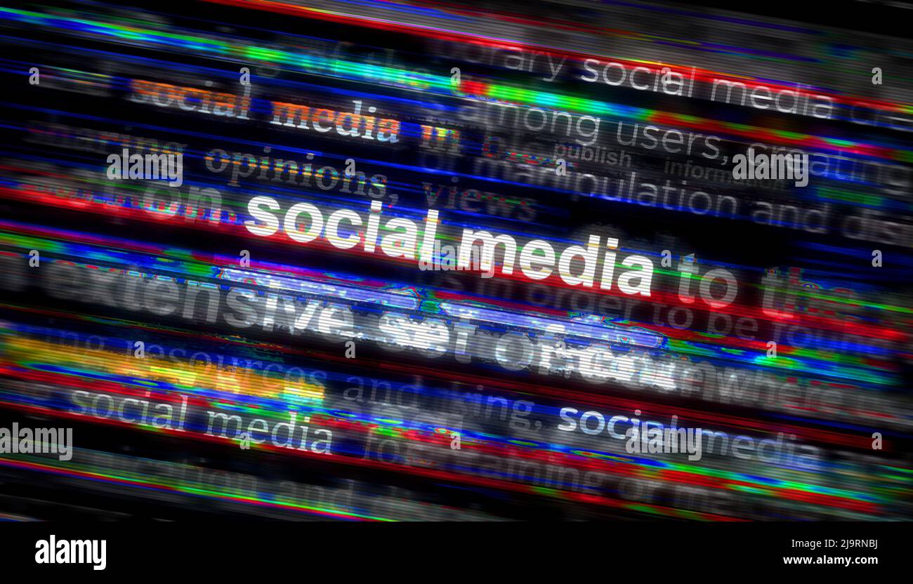 Les médias internationaux avec les médias sociaux et le réseau de communication personnel. Concept abstrait des titres de nouvelles sur les écrans de bruit. TV g Banque D'Images