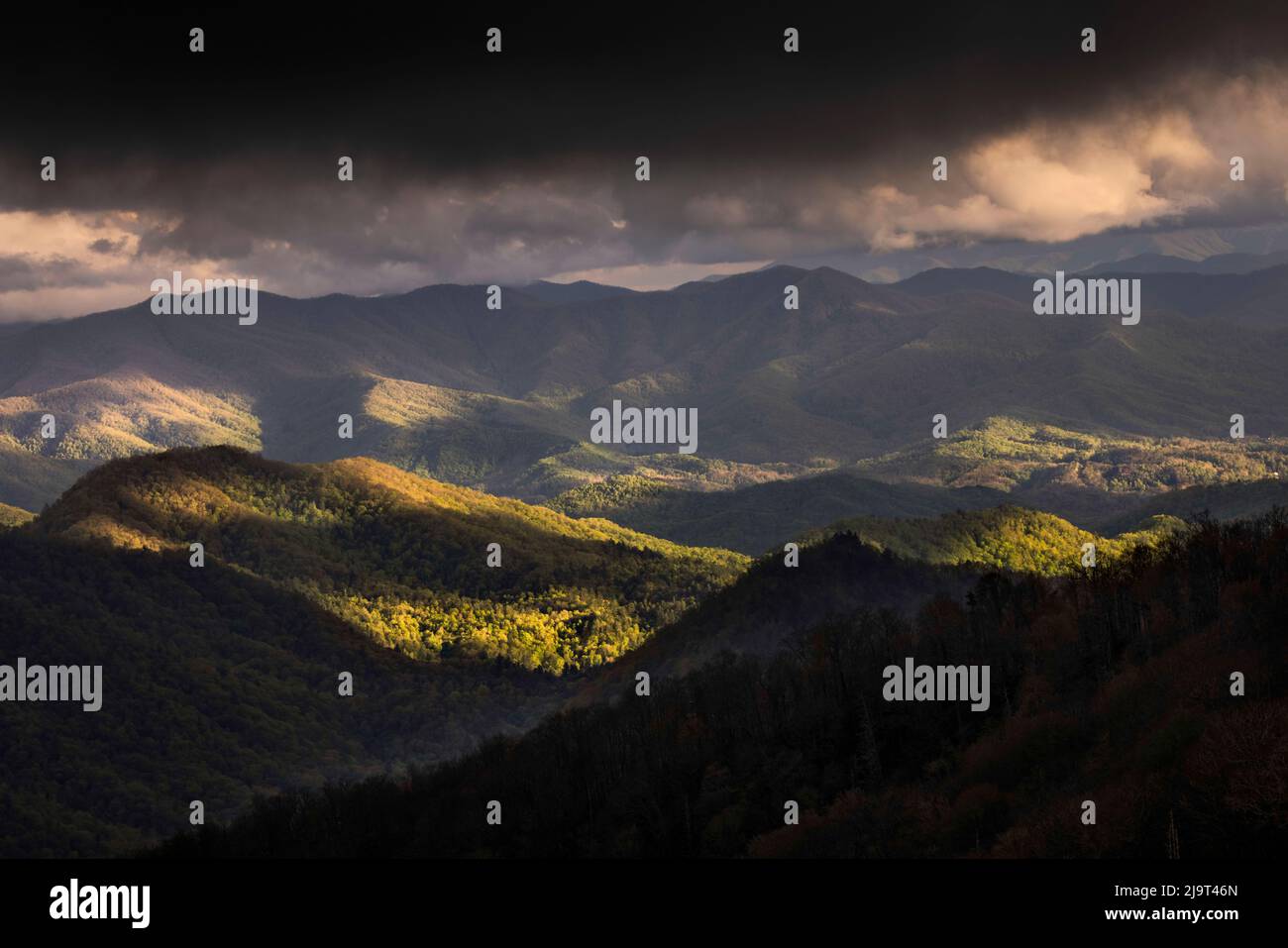 Vue printanière des montagnes lointaines et de la vallée de Deep Creek, parc national des Great Smoky Mountains, Caroline du Nord Banque D'Images