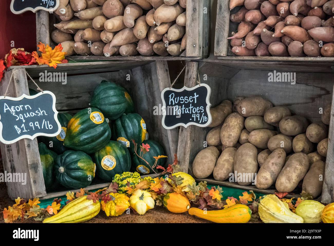 Wenatchee, État de Washington, États-Unis. Bacs de courges d'Amérique fraîchement récoltées, pommes de terre Russet, pommes de terre douces et jambons à vendre sur un stand de produits avec ou Banque D'Images