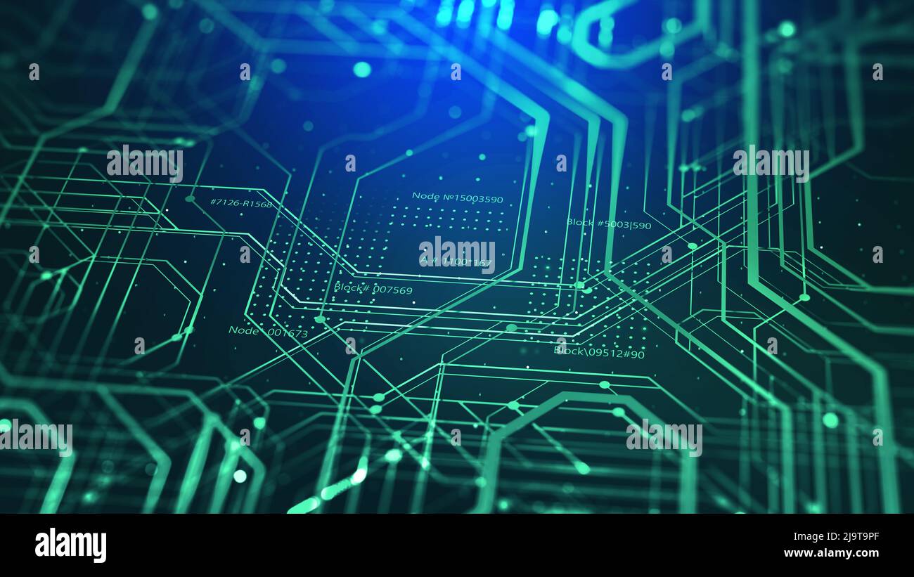 Microcircuit, puce, puce de silicium, illustration du circuit 3D. Carte mère. Le cyberespace des hautes technologies. Flux d'informations et analyse des données Banque D'Images