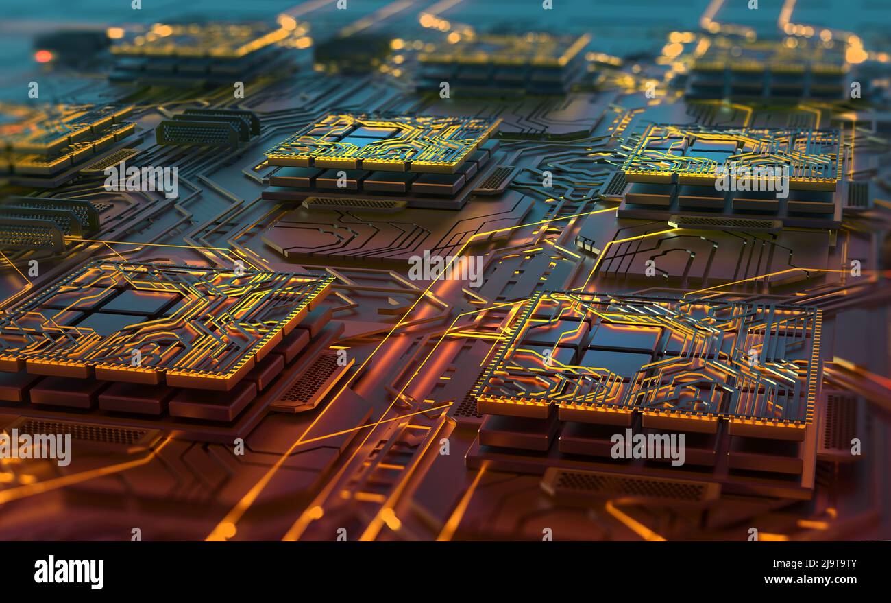 Centre de données futuriste. Concept abstrait du nano processeur et de l'élément numérique de haute technologie. 3D illustration d'un circuit informatique et d'une CPU Banque D'Images