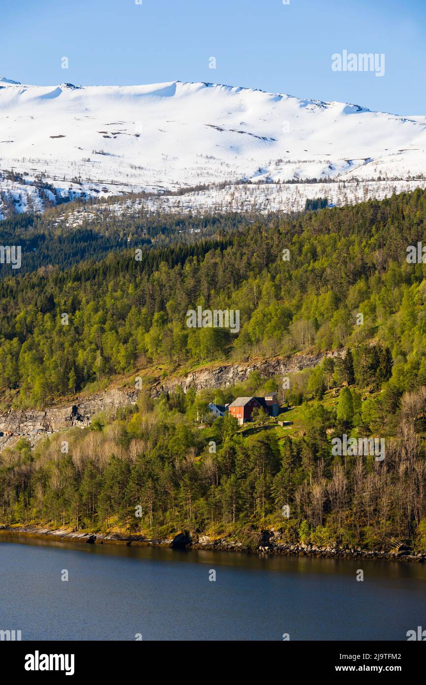 Maisons isolées et montagne enneigée sur les rives de Nordfjorden, près d'Olden, Norvège Banque D'Images
