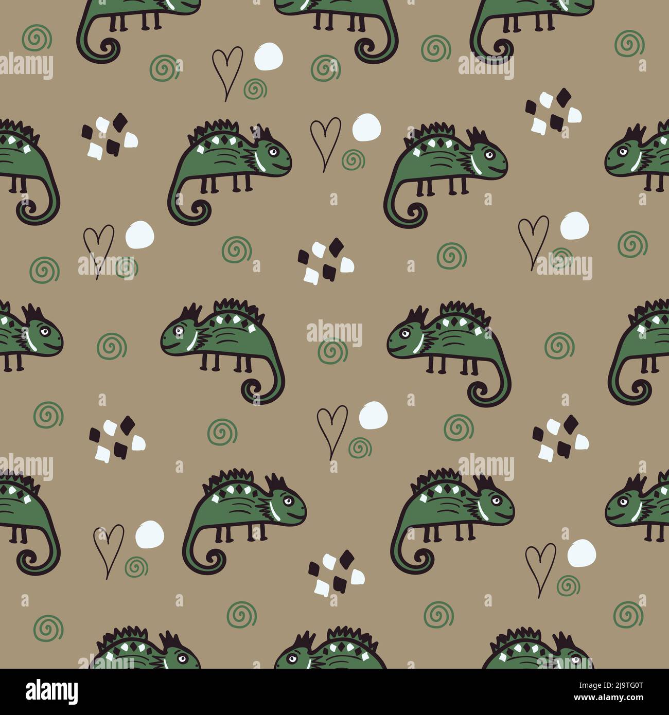 Lézards verts sur fond beige, motif sans couture Illustration de Vecteur