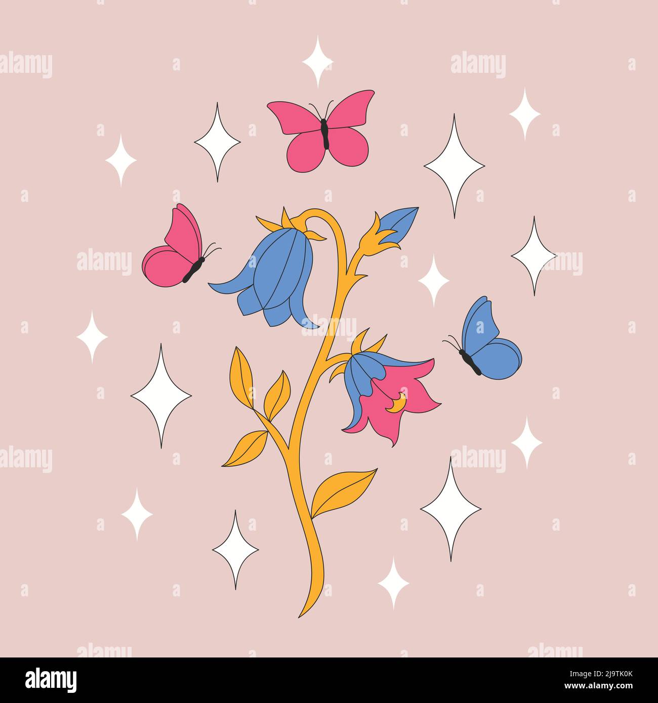 bluebell rétro avec de beaux papillons et des sparkles. Illustration de Vecteur