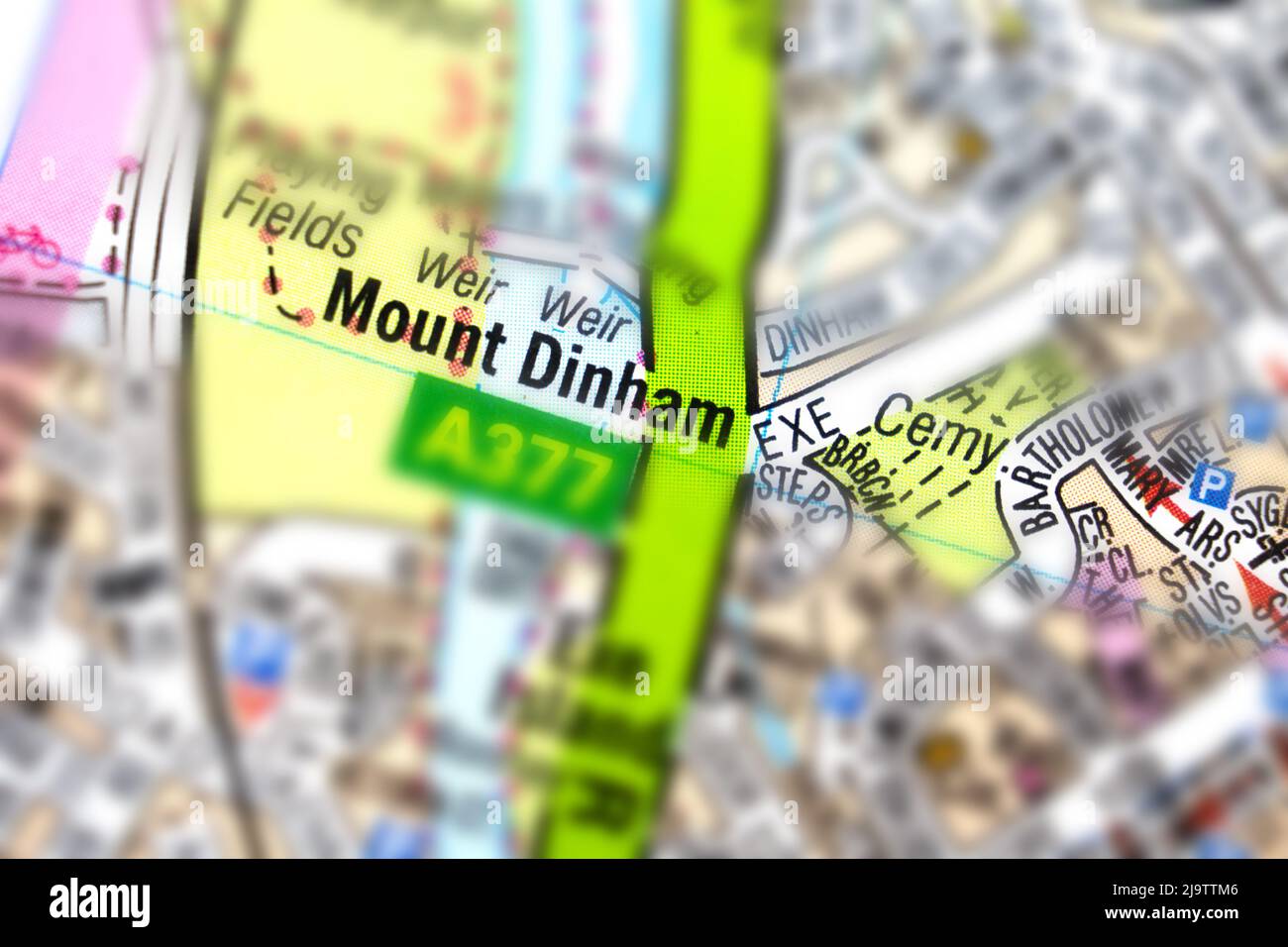 Quartier de Mount Dinham - Exeter City, Devon, Royaume-Uni couleur atlas plan de la ville et nom Banque D'Images