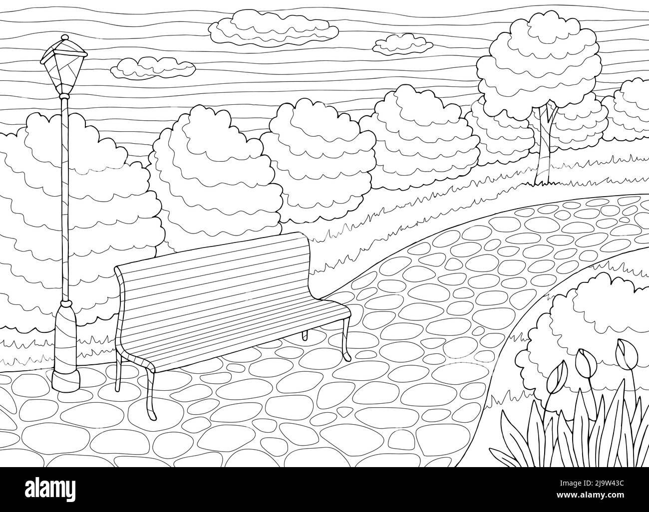 Park coloriage graphique noir blanc lampe de table paysage esquisse illustration vecteur Illustration de Vecteur