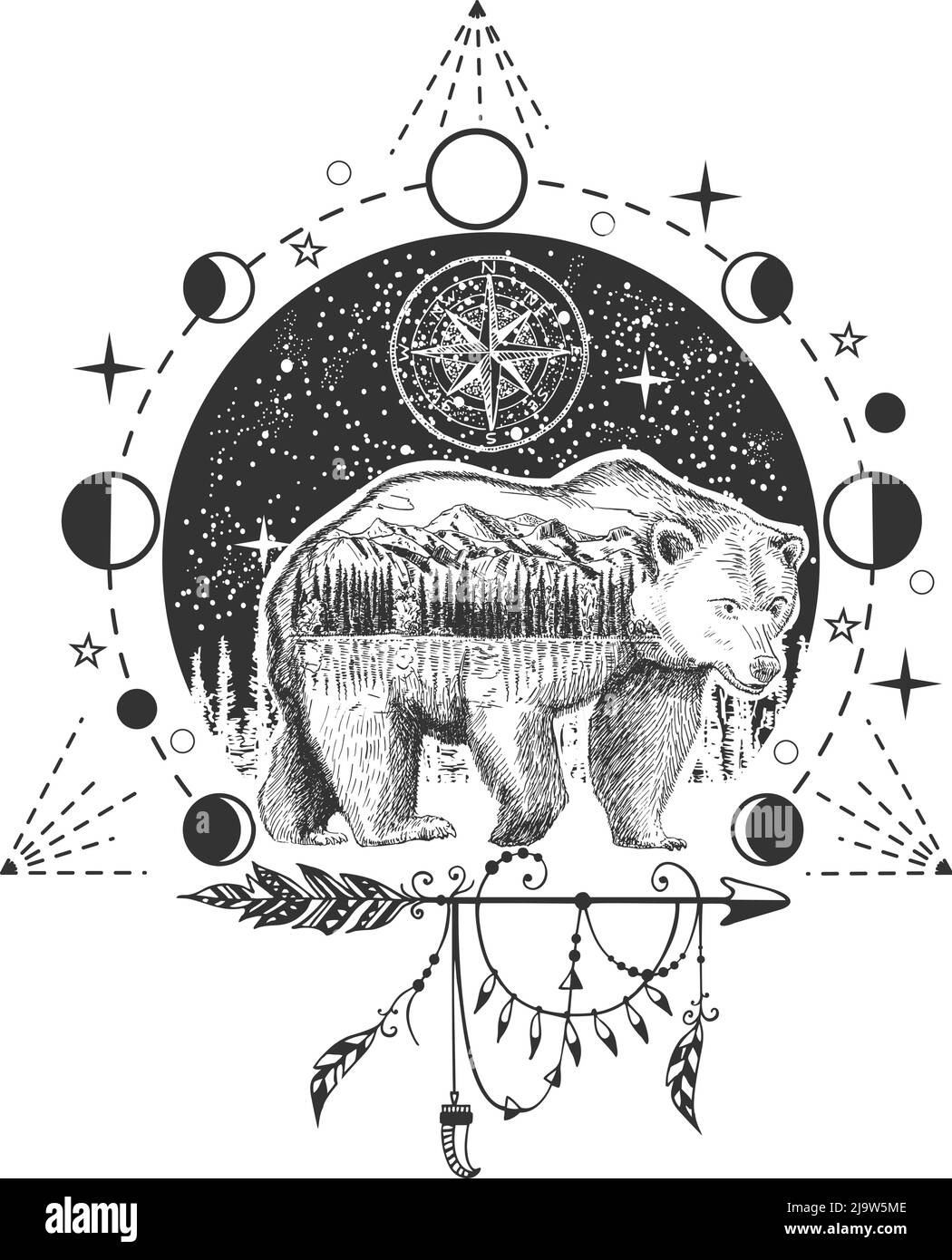 Motif tatouage d'ours vectoriel ou imprimé t-shirt Illustration de Vecteur