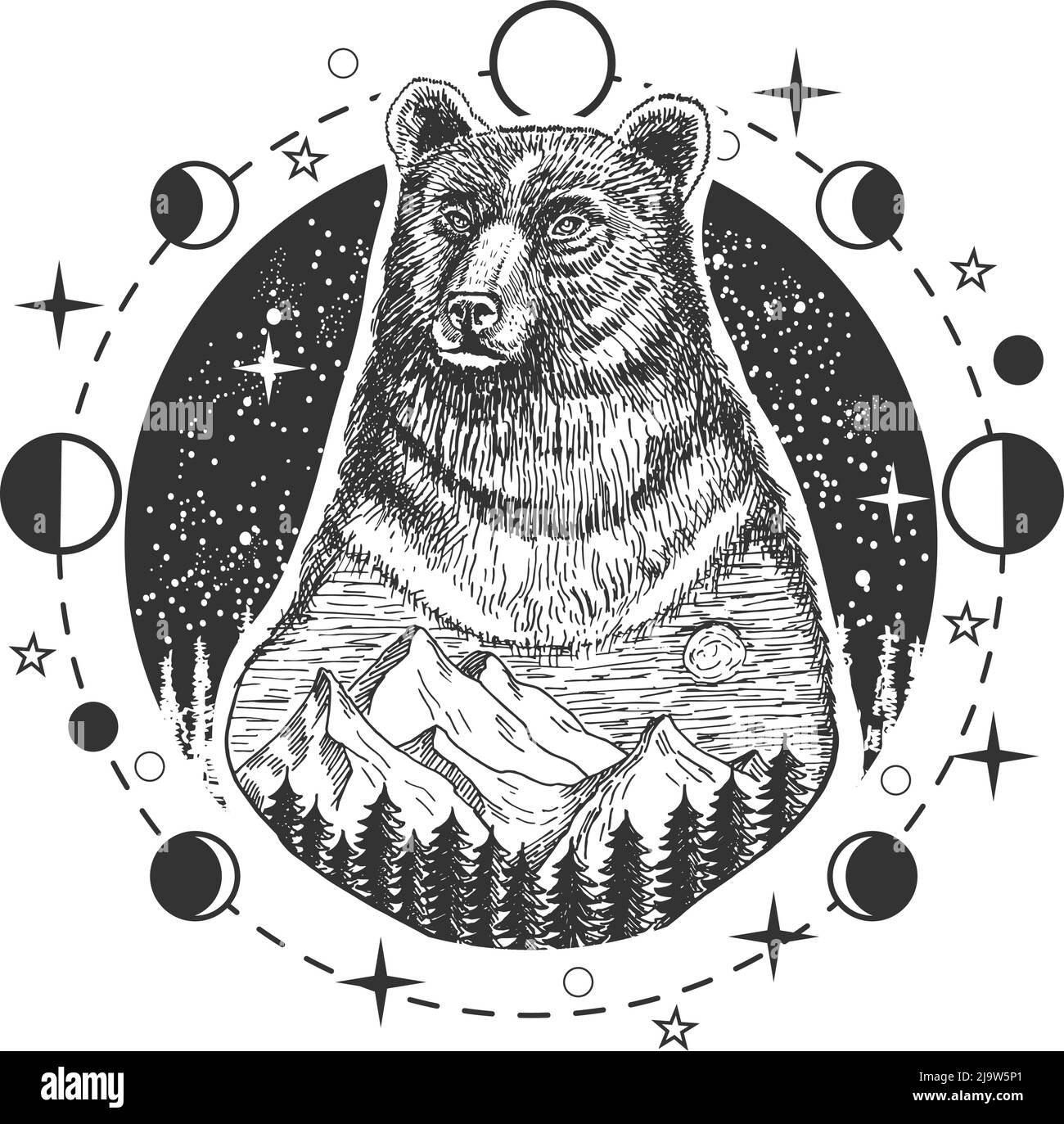 Motif tatouage à la tête d'ours vectoriel ou imprimé t-shirt Illustration de Vecteur
