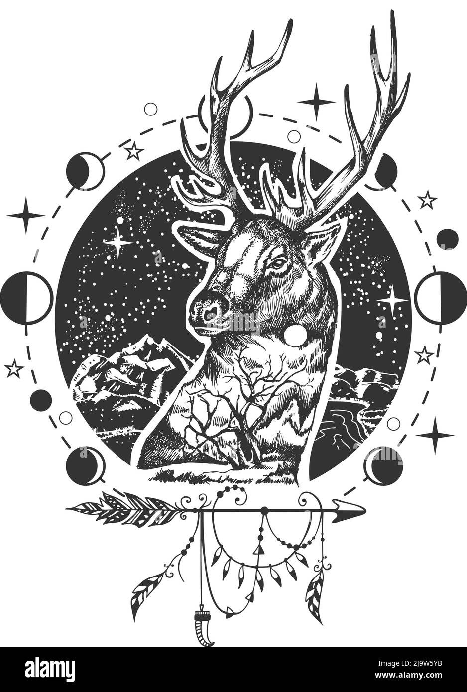 Motif tatouage à la tête de cerf vectoriel ou imprimé t-shirt Illustration de Vecteur