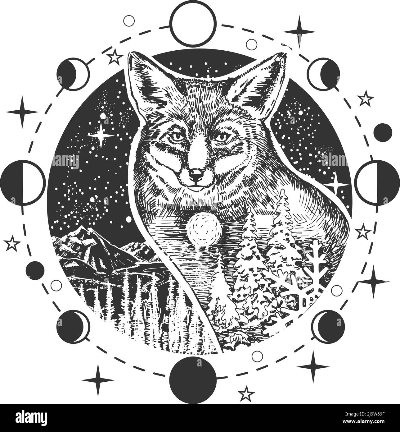 Motif tatouage à la tête de renard vectoriel ou imprimé t-shirt Illustration de Vecteur