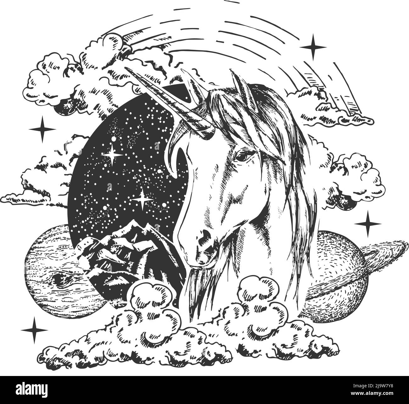 Motif vectoriel magique en tatouage licorne ou imprimé t-shirt Illustration de Vecteur