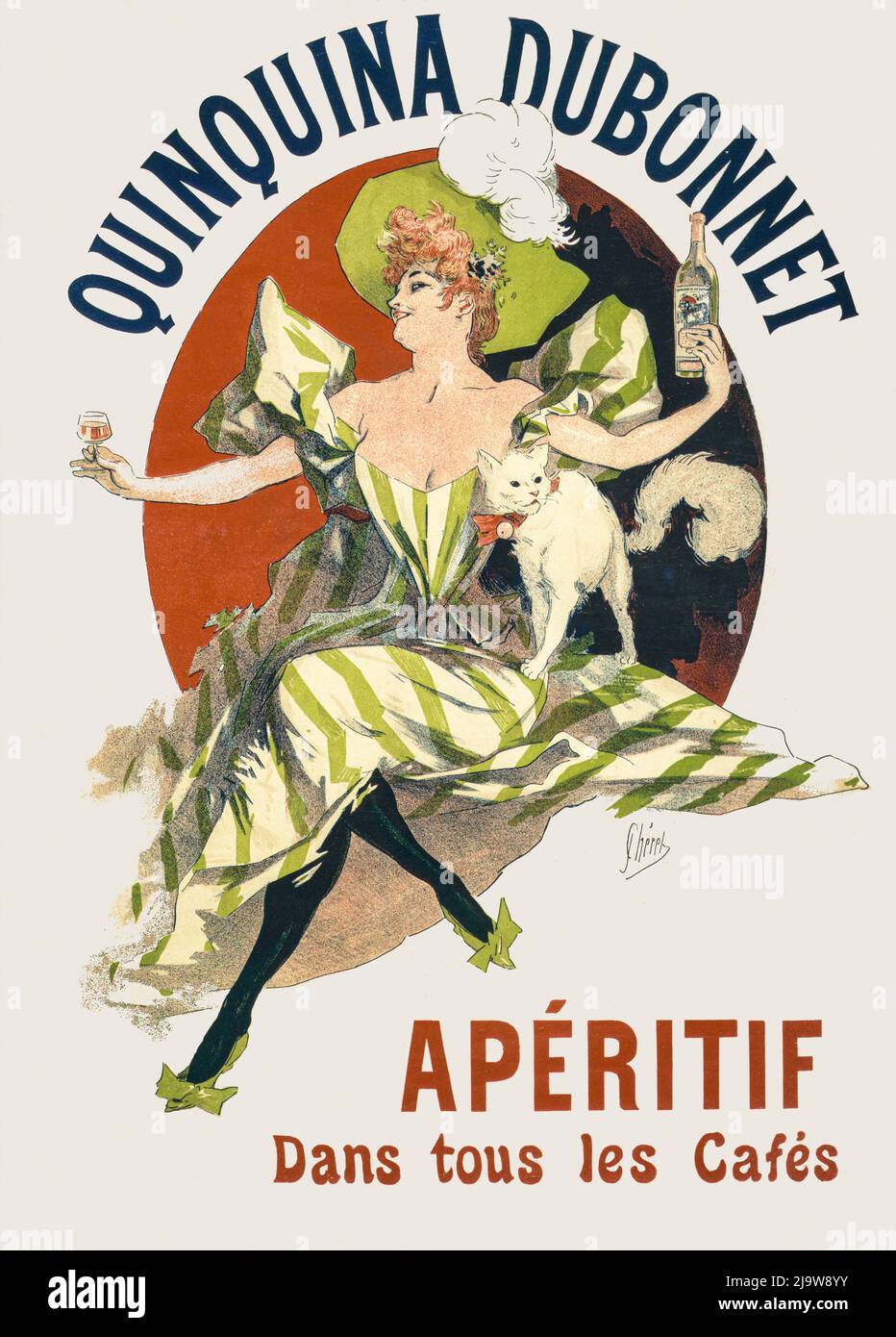 Une affiche publicitaire montrant une femme qui profite d'un apéritif Dubonnet, avec un chat blanc à ses côtés. L'artiste est Jules Chéret (1836-1932). Banque D'Images