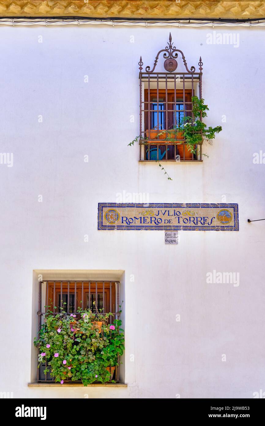 Fenêtre dans la Juderia, vieille ville de Cordoue, pendant la Fiesta de los patios. Andalousie, Espagne Banque D'Images