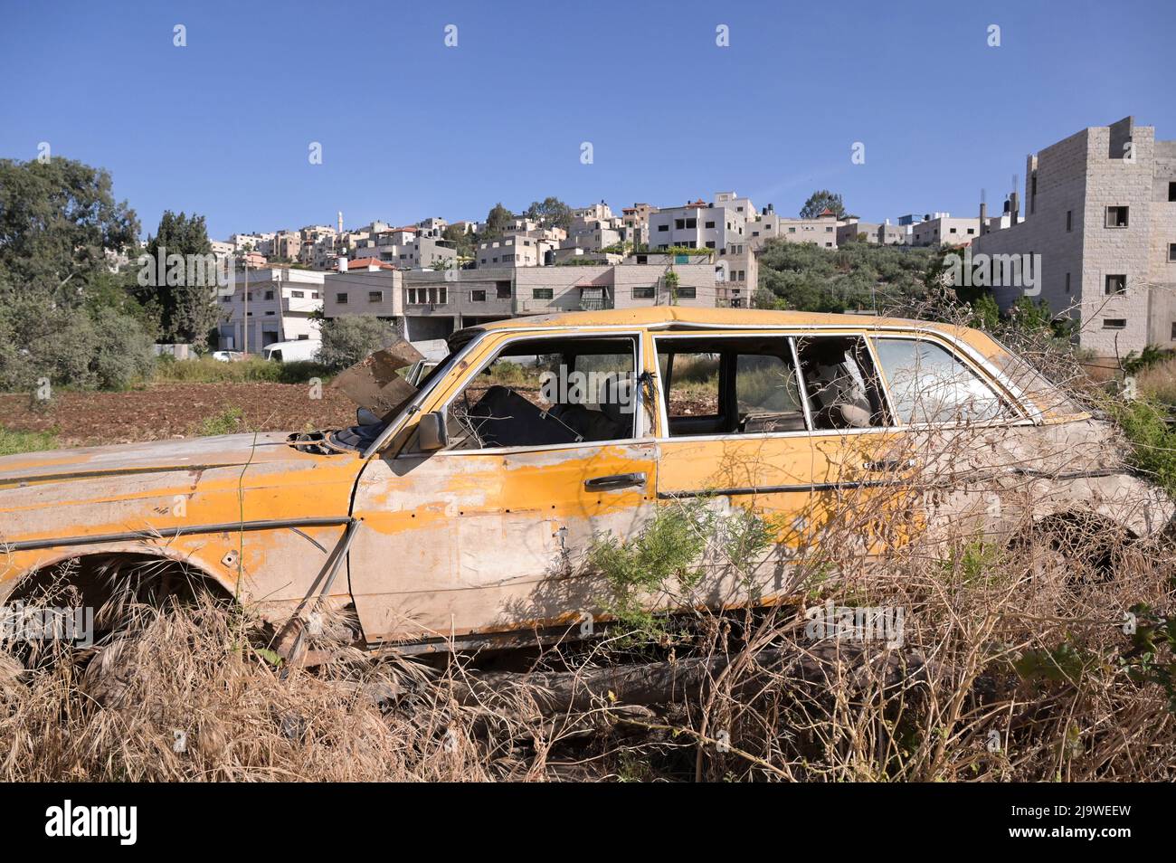 PALESTINE, ville de Jenin, vie de rue, voiture Mercedes Benz abandonnée au bord de la route / PALÄSTINA, Stadt Jenin, Straßenleben, Alter Mercedes Benz am Straßenrand Banque D'Images