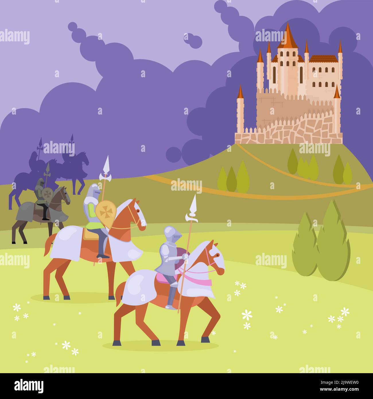 Chevaliers médiévaux et illustration vectorielle du château Illustration de Vecteur
