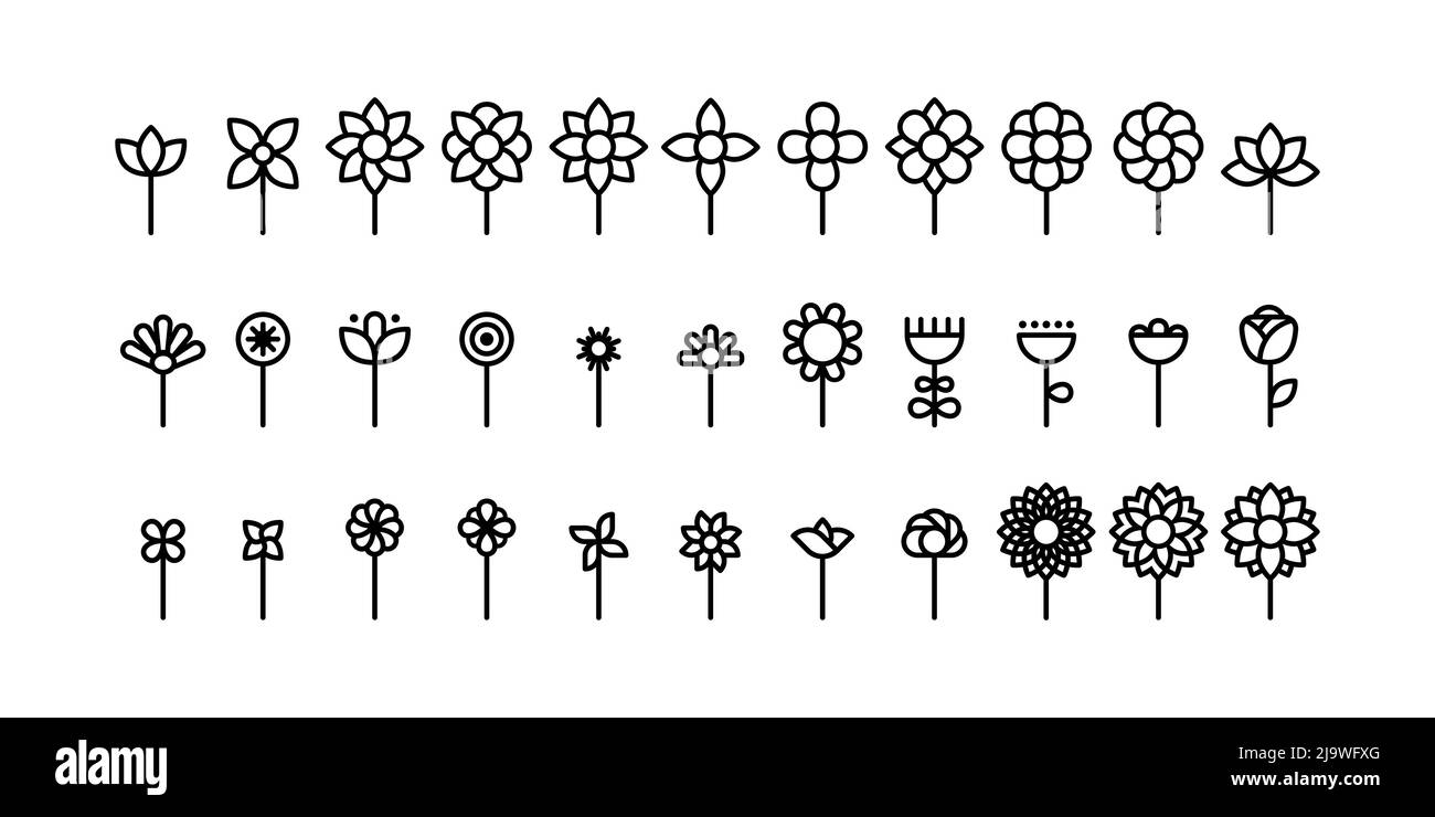 Ensemble d'icônes de formes géométriques de fleurs. Symboles floraux minimalistes. Plante avec tige. Contour noir. Illustration vectorielle, conception plate Illustration de Vecteur