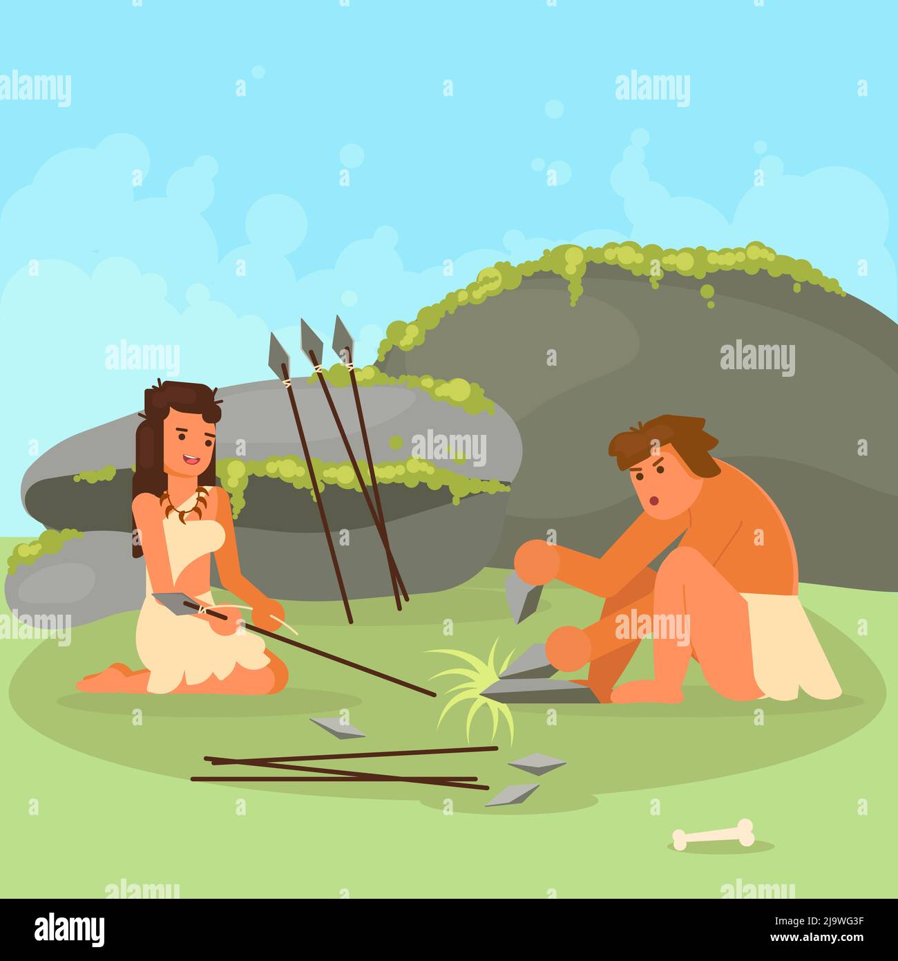 Couple d'âge de pierre faisant l'illustration de vecteur de lance Illustration de Vecteur